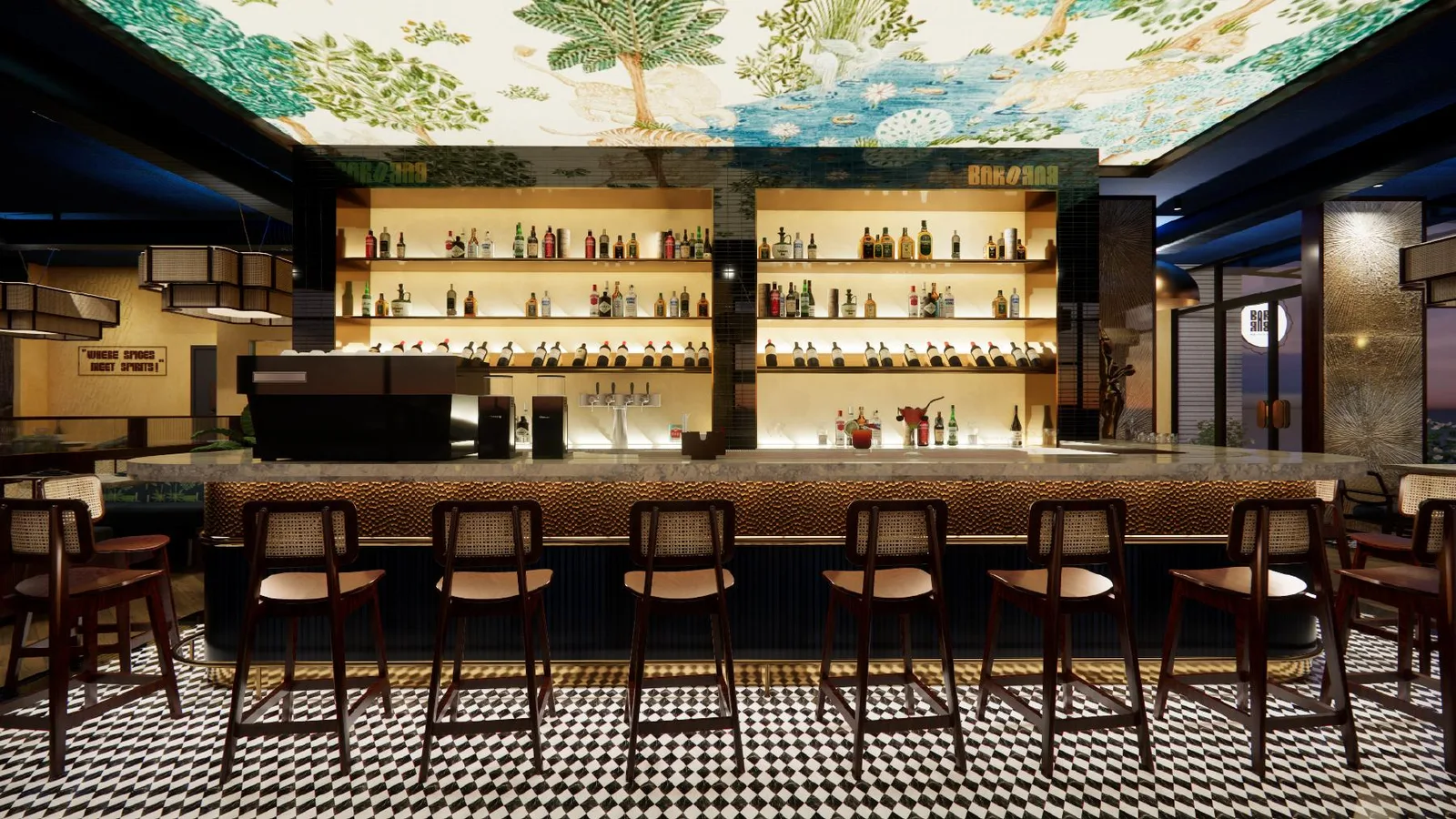 Architectural rendering of the BarOBar bar with illuminated shelves and patterned flooring