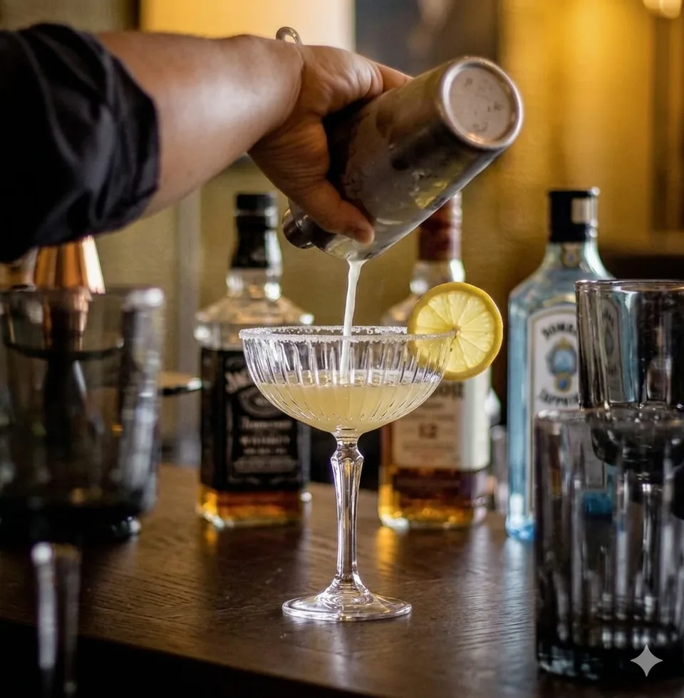 A cocktail being poured into a coupe glass