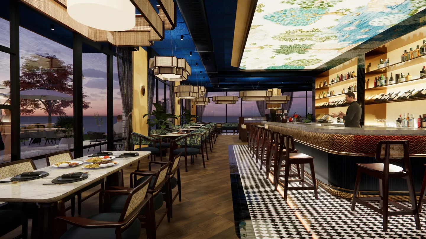 BarOBar interior rendering with a blue ceiling, illuminated bar, and warm golden walls